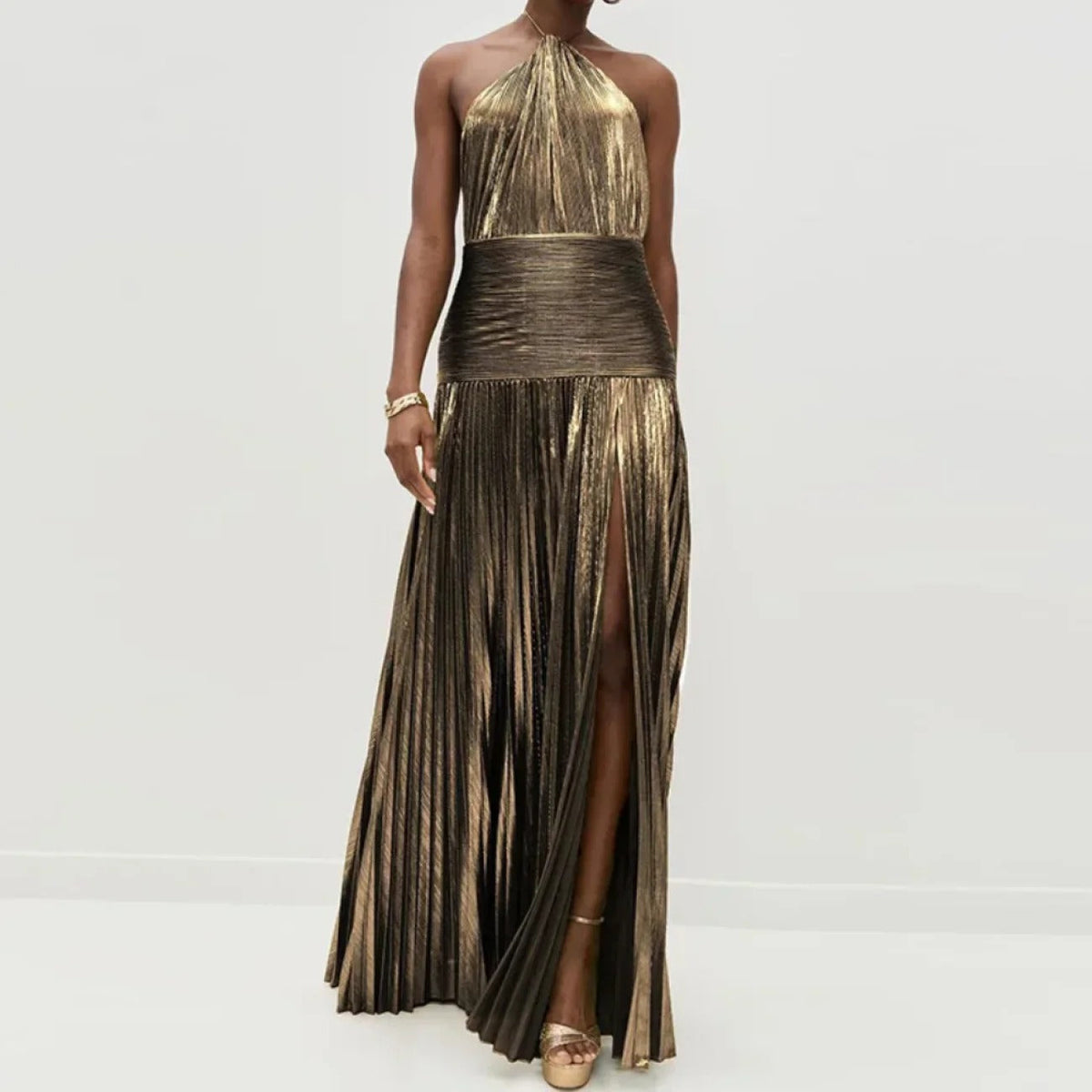 Vestido Longo Metalizado com Fenda Modern Tilia