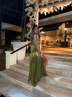 Vestido Longo Metalizado com Fenda Modern Tilia