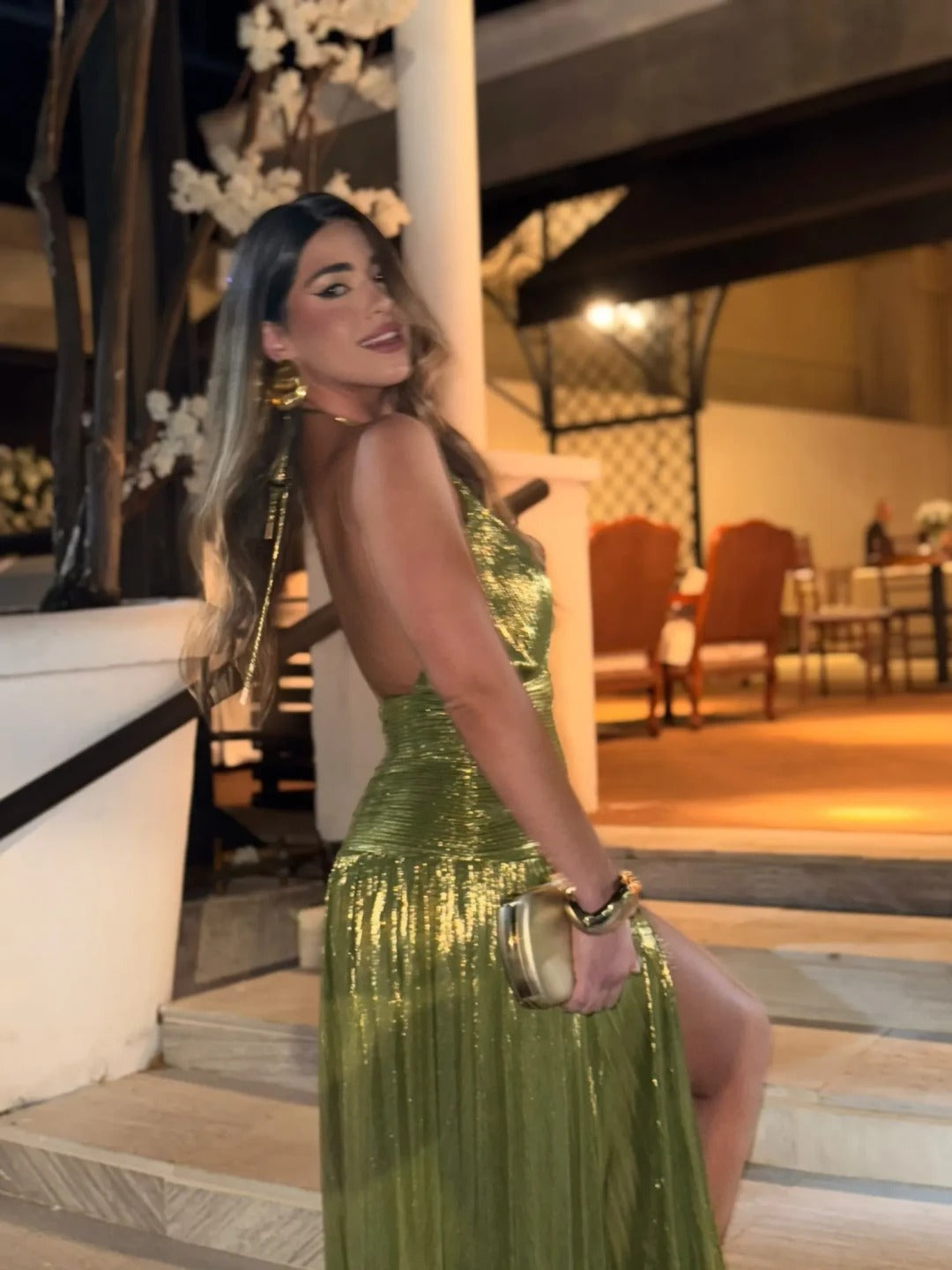 Vestido Longo Metalizado com Fenda Modern Tilia