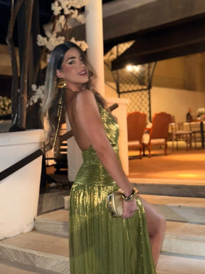 Vestido Longo Metalizado com Fenda Modern Tilia