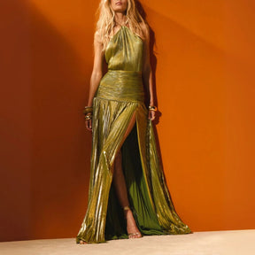 Vestido Longo Metalizado com Fenda Modern Tilia