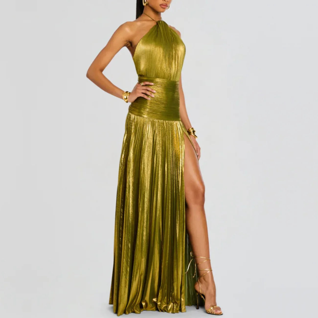 Vestido Longo Metalizado com Fenda Modern Tilia