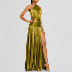 Vestido Longo Metalizado com Fenda Modern Tilia