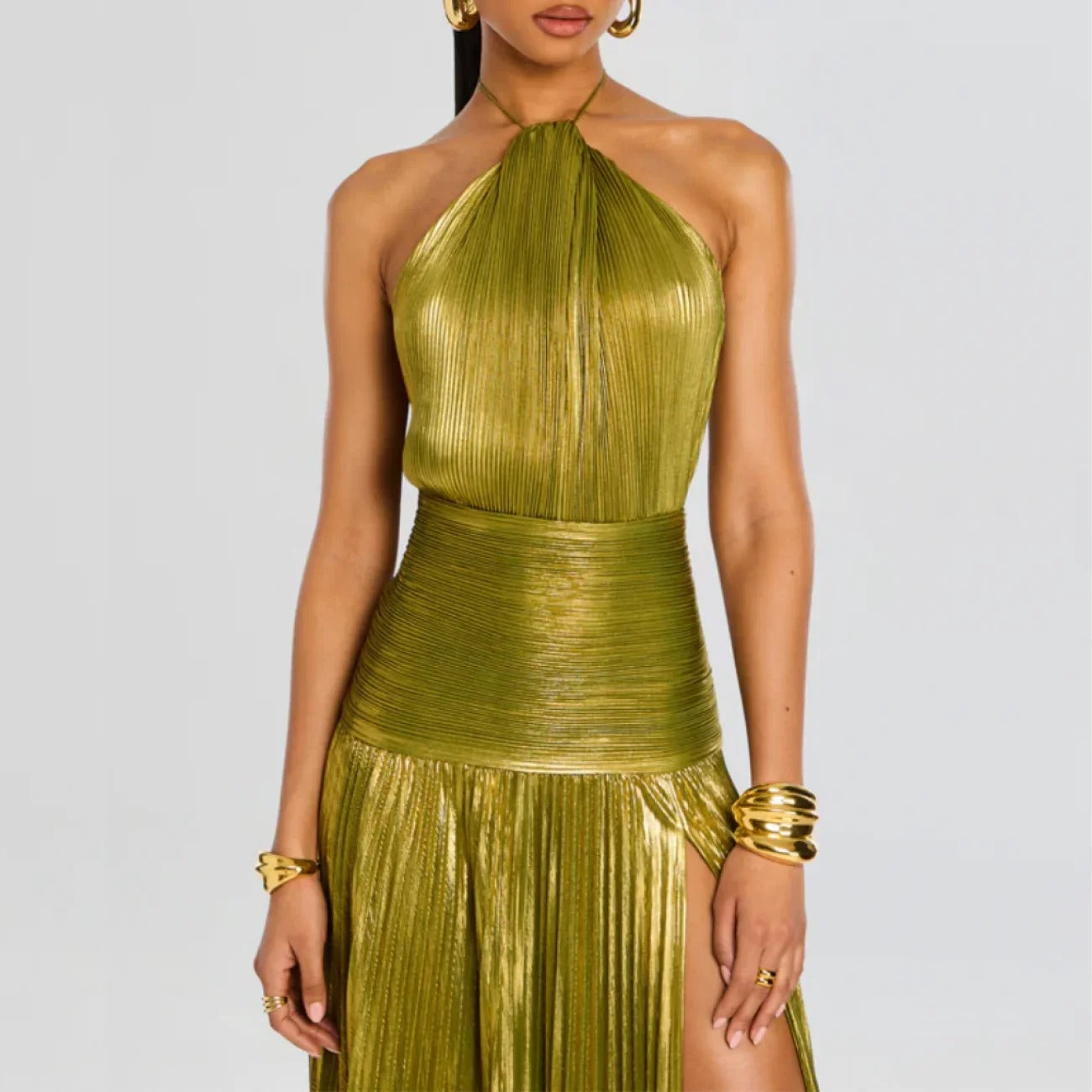 Vestido Longo Metalizado com Fenda Modern Tilia